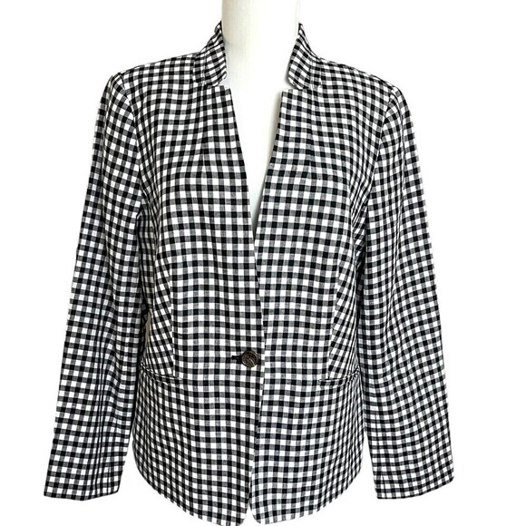 NWT Talbots Linen Blend Blazer sz 10 Jacket Gingham Check Lined Black White - Picture 1 of 11